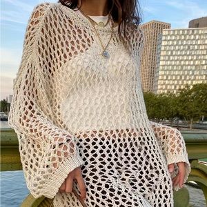 Women's Crochet Cover Up Knitted Top - Casual Long Sleeve Sweater